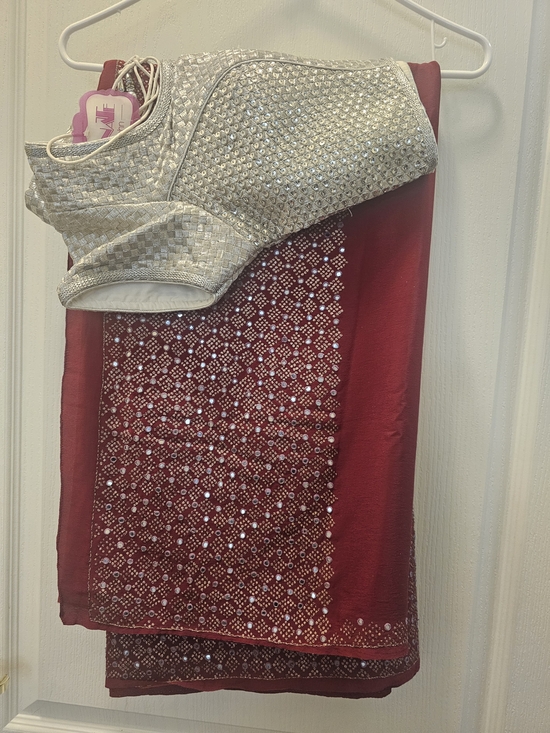 Other - Embellished Red Saree with Silver Blouse